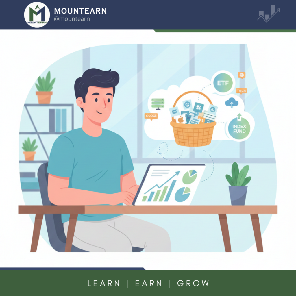 Cartoon-style illustration of a young adult learning investing for beginners at a desk with a laptop, colorful stock charts, ETF and index fund icons, a basket of company logos, and growth arrows, representing beginner-friendly diversification and safe investing concepts