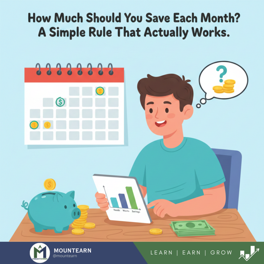 Cartoon illustration of a person at a desk looking at a laptop with a colorful savings chart, coins, piggy bank, and calendar, showing how much should you save each month using a simple rule for beginner-friendly personal finance.
