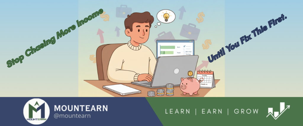 cartoon illustration showing why stopping chasing more income and fixing money habits first matters