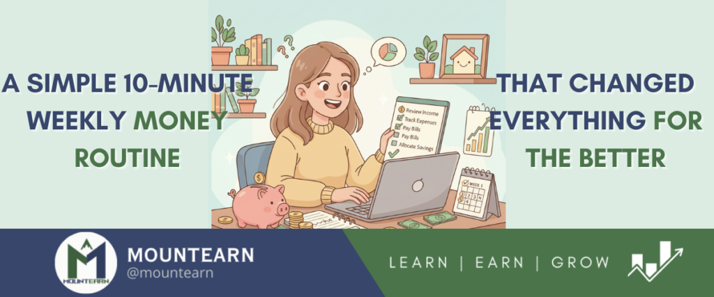 cartoon illustration of a simple 10 minute weekly money routine helping manage finances calmly