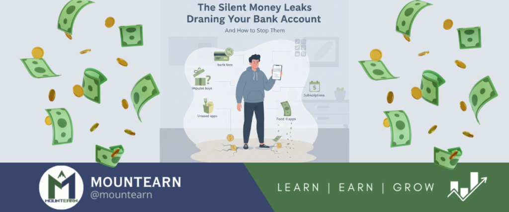 Illustration showing silent money leaks draining a bank account through small daily expenses