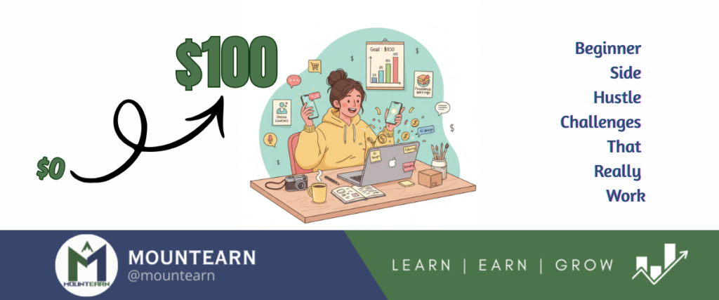 Teen sitting at a desk with laptop and smartphone, completing beginner side hustle challenges to earn $100 in a week, surrounded by symbols of online and offline side hustles like delivery packages, paintbrush, and digital icons.