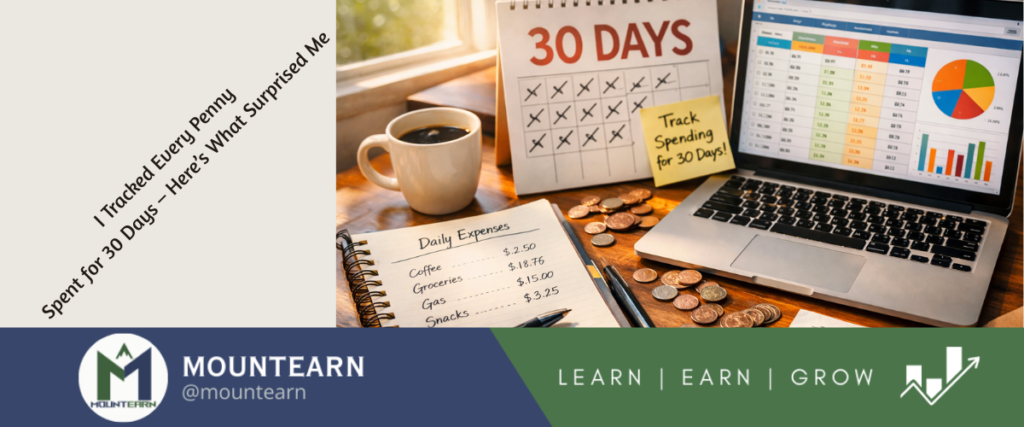 A person tracking spending for 30 days with a notebook, laptop spreadsheet, coins, and charts on a desk, showing daily expense tracking and financial awarenes