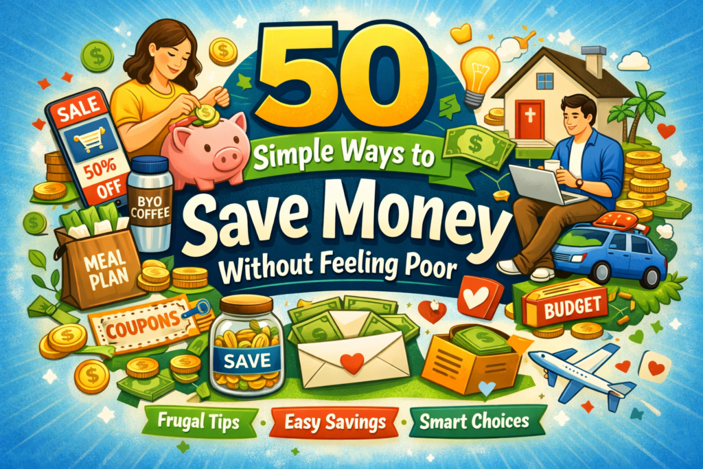 Illustration showing simple ways to save money without feeling poor, including a piggy bank, budgeting tips, coupons, and smart spending icons.